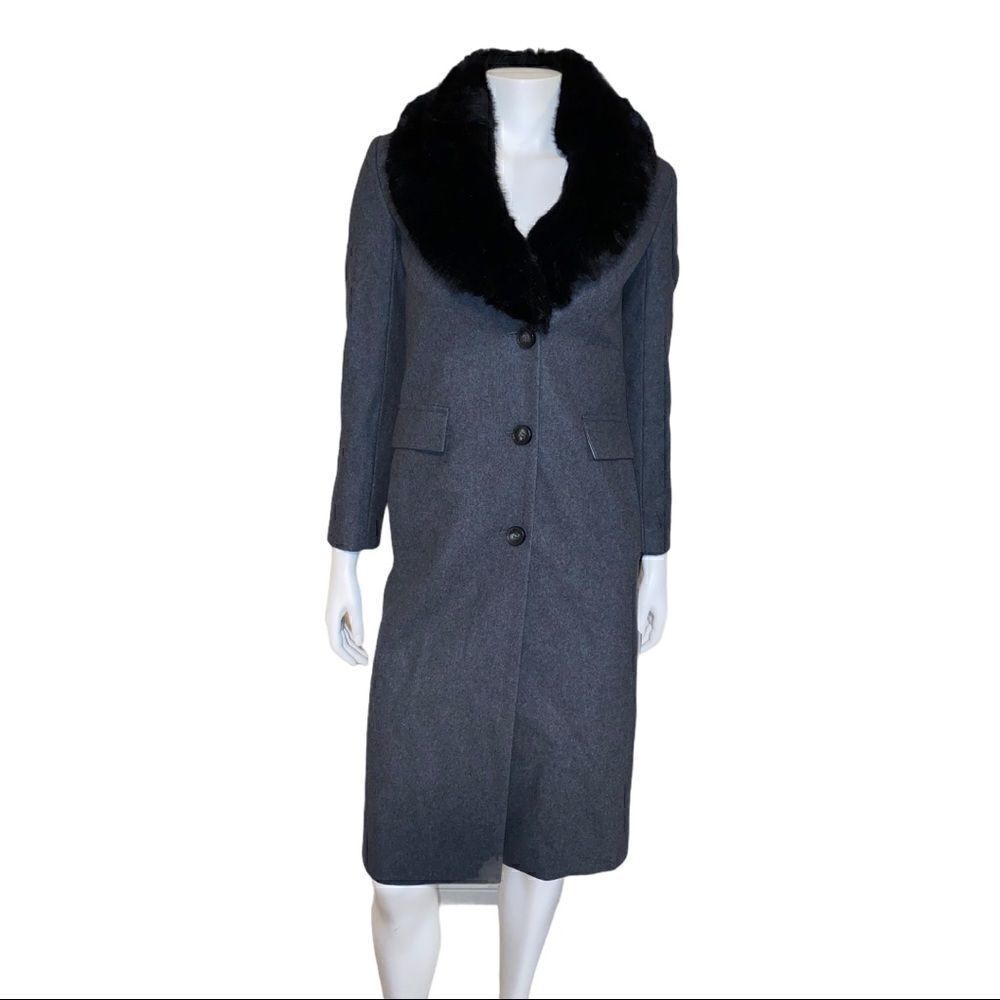 DKNY Faux Fur Collar Charcoal Maxi Coat P NWT - Picture 2 of 13